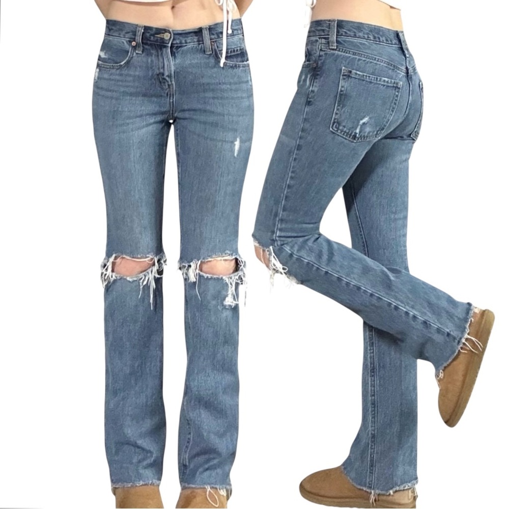 Old Navy | Mid Rise Rigid Denim Distressed Ripped Knee Bootcut Jeans
